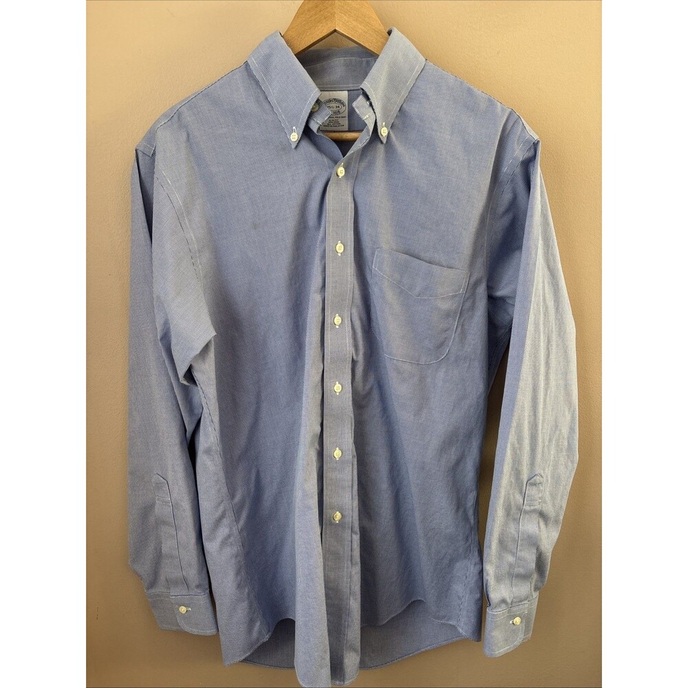 Brooks Brothers Slim Fit Non-Iron Blue Houndstooth Dress Shirt 15.5 34